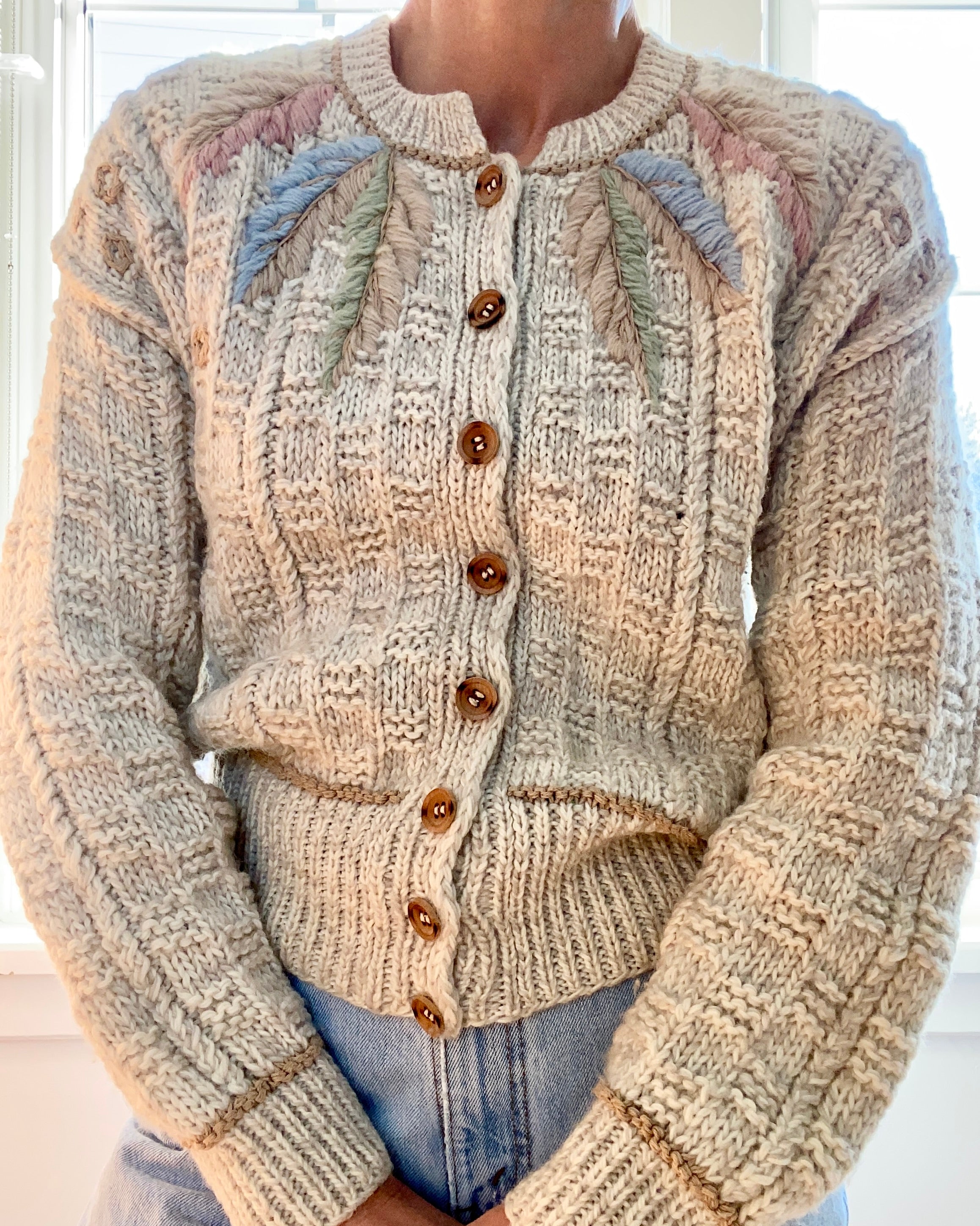 VINTAGE Embroidered Oatmeal Basket Weave Wool Cardigan