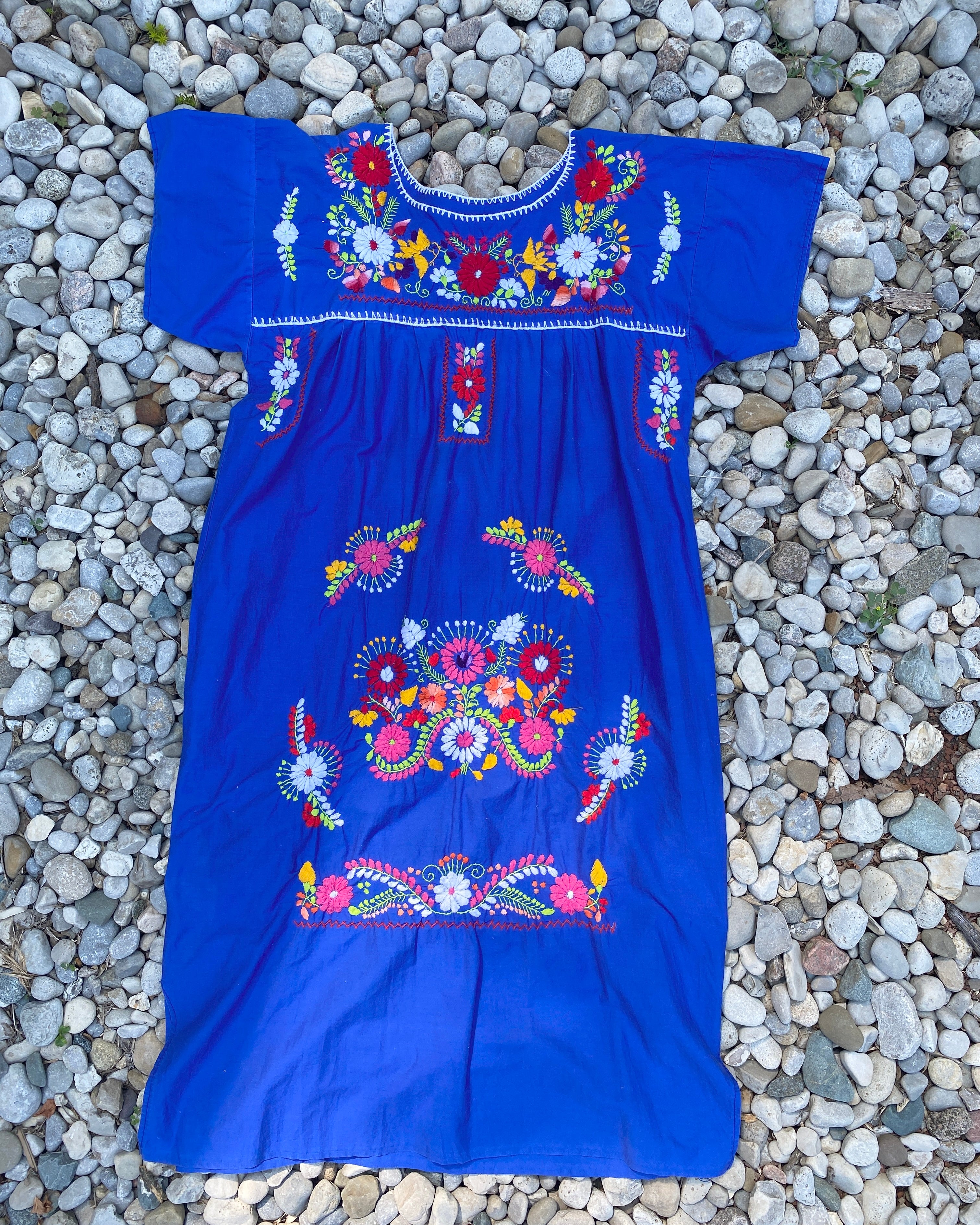 Vintage Mexican Embroidered Blue Dress