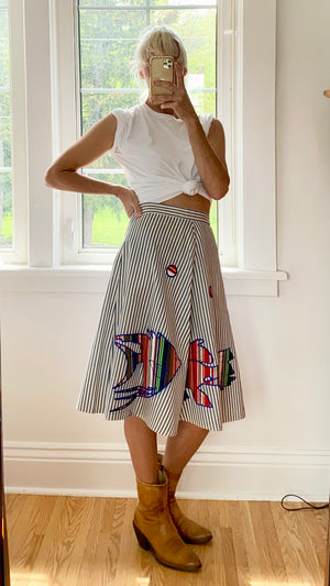 Vintage Stripe Cotton Flare Skirt with Tropical Fish Appliqué