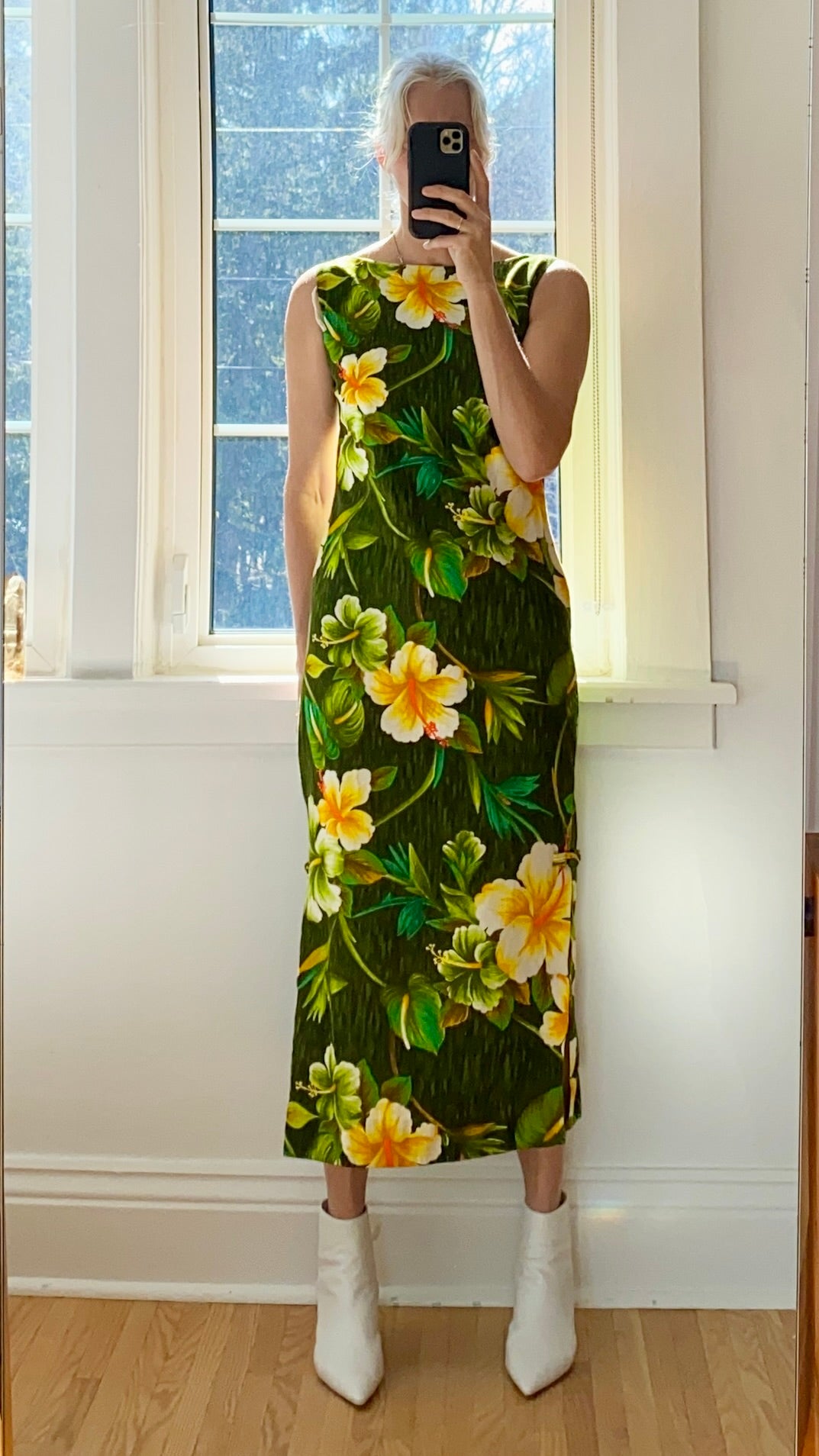 VINTAGE 1970s ROYAL Hawaiian Cotton Barkcloth Green and Yellow Hibiscus Maxi Dress SM