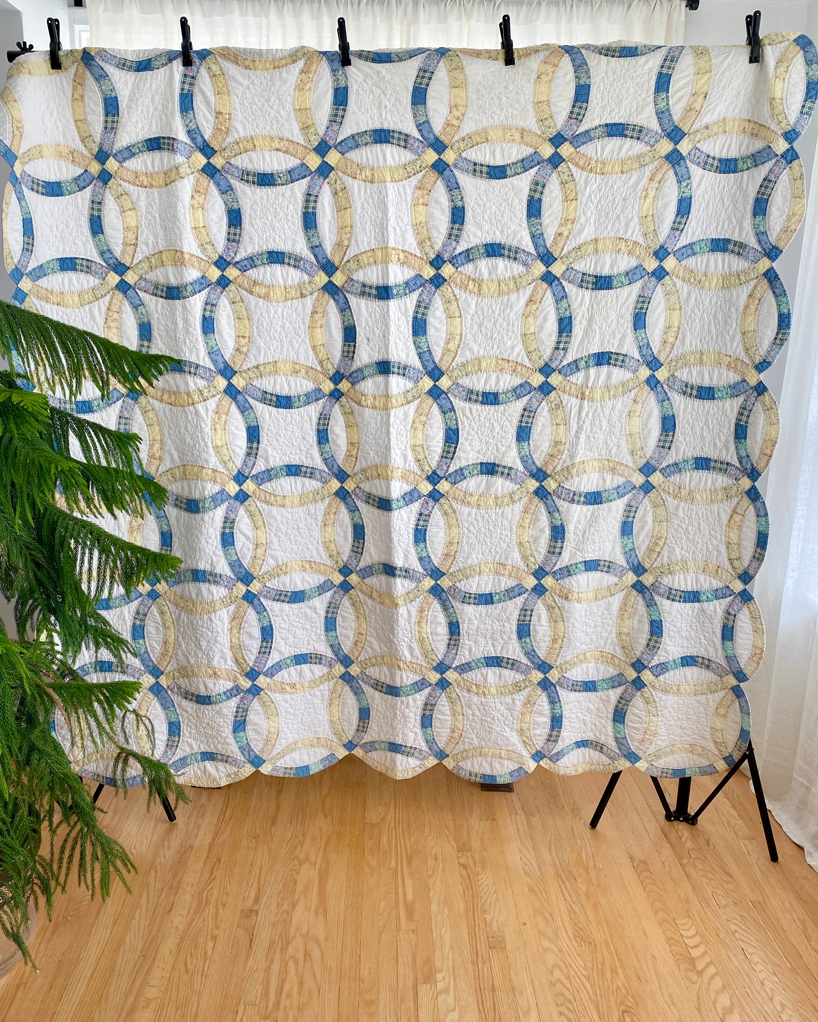 Vintage Wedding Ring Blue & Yellow Patchwork Quilt
