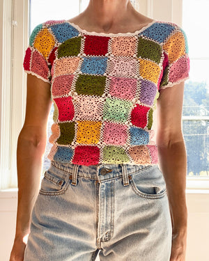 VINTAGE 1960s Crochet Granny Squares Patchwork Top S
