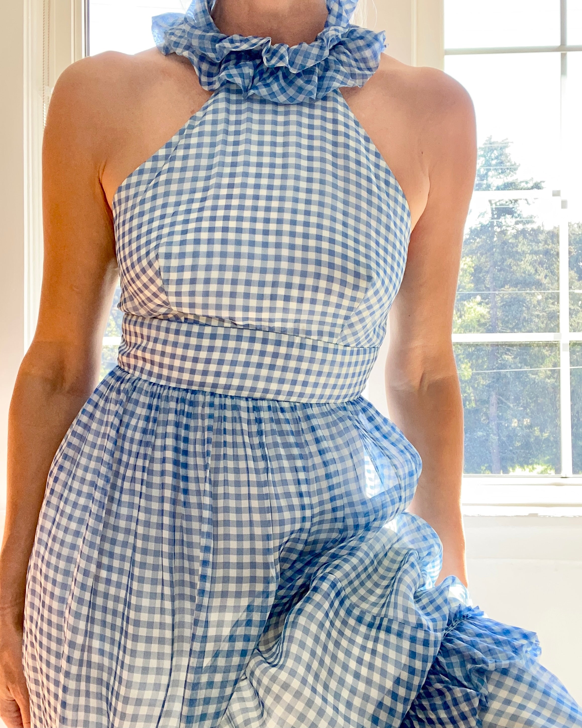 VINTAGE 1960s Organza Blue and White Gingham Halter Dress