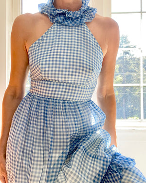 VINTAGE 1960s Organza Blue and White Gingham Halter Dress