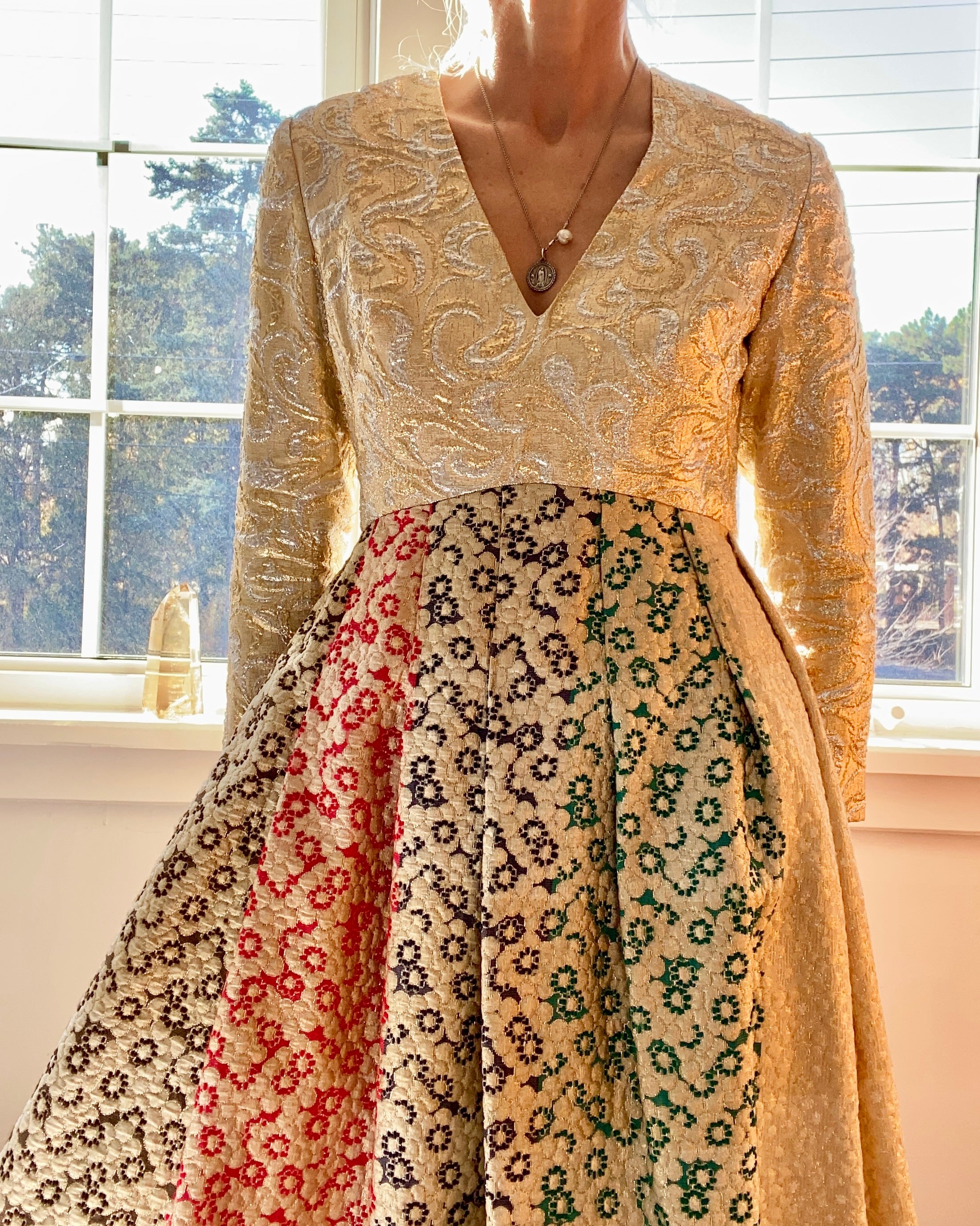 VINTAGE 1960s Morton Myles for Malcolm Charles Gold Floral Brocade Gown Dress 8 M