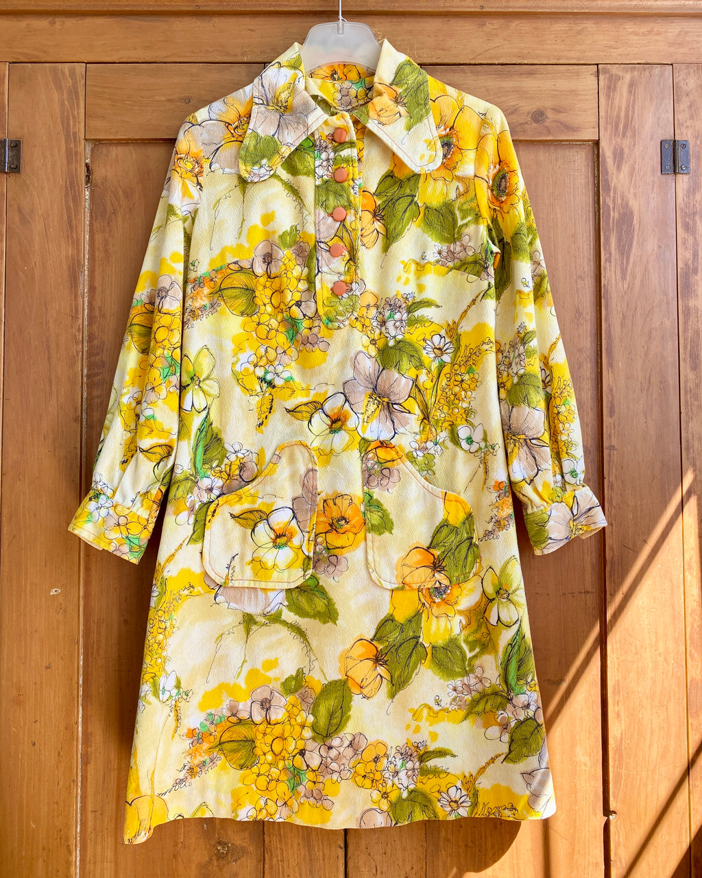 Vintage 1960s Cotton Crepe Yellow Floral Mini Shirt Dress S