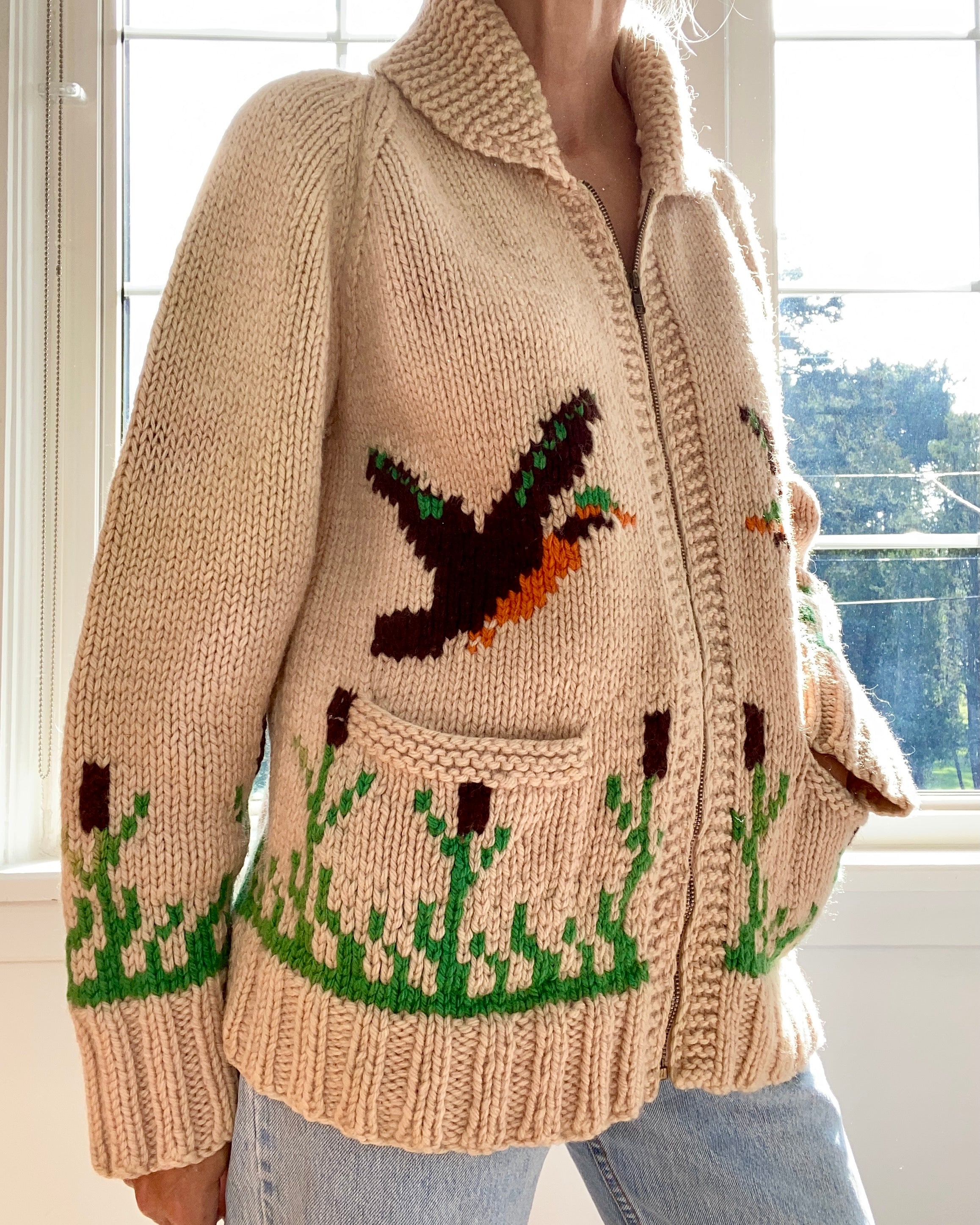 Vintage 1950s Curling Ducks Wool Cardigan