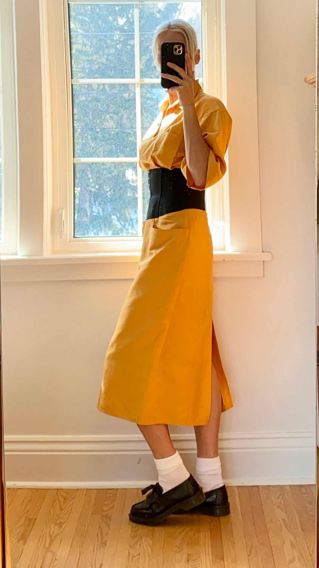 Vintage 1980s GIANFRANCO FERRE Ocre Silk Corset Shirt Dress 42 6 8