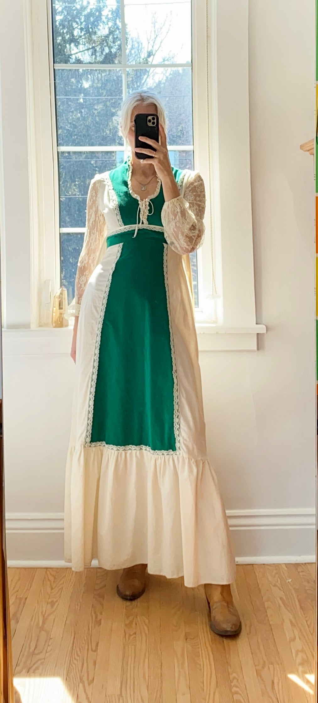 VINTAGE 1970s Cream and Green Cotton Velvet Lace Prairie Gunne style Maxi Dress