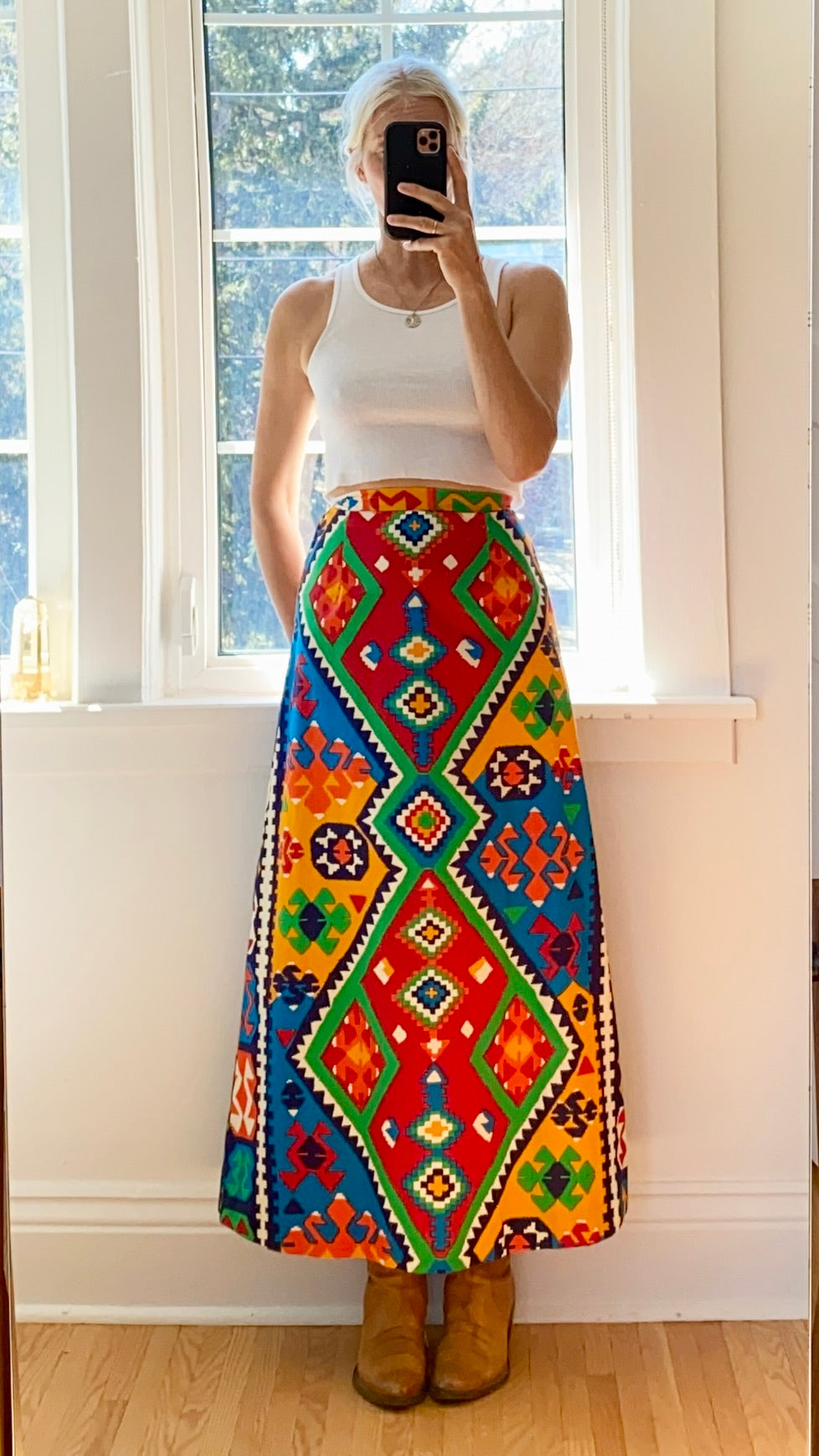 Vintage 1960s Cotton Aline Geometric Print Maxi Skirt S
