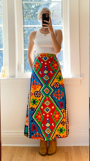 Vintage 1960s Cotton Aline Geometric Print Maxi Skirt S