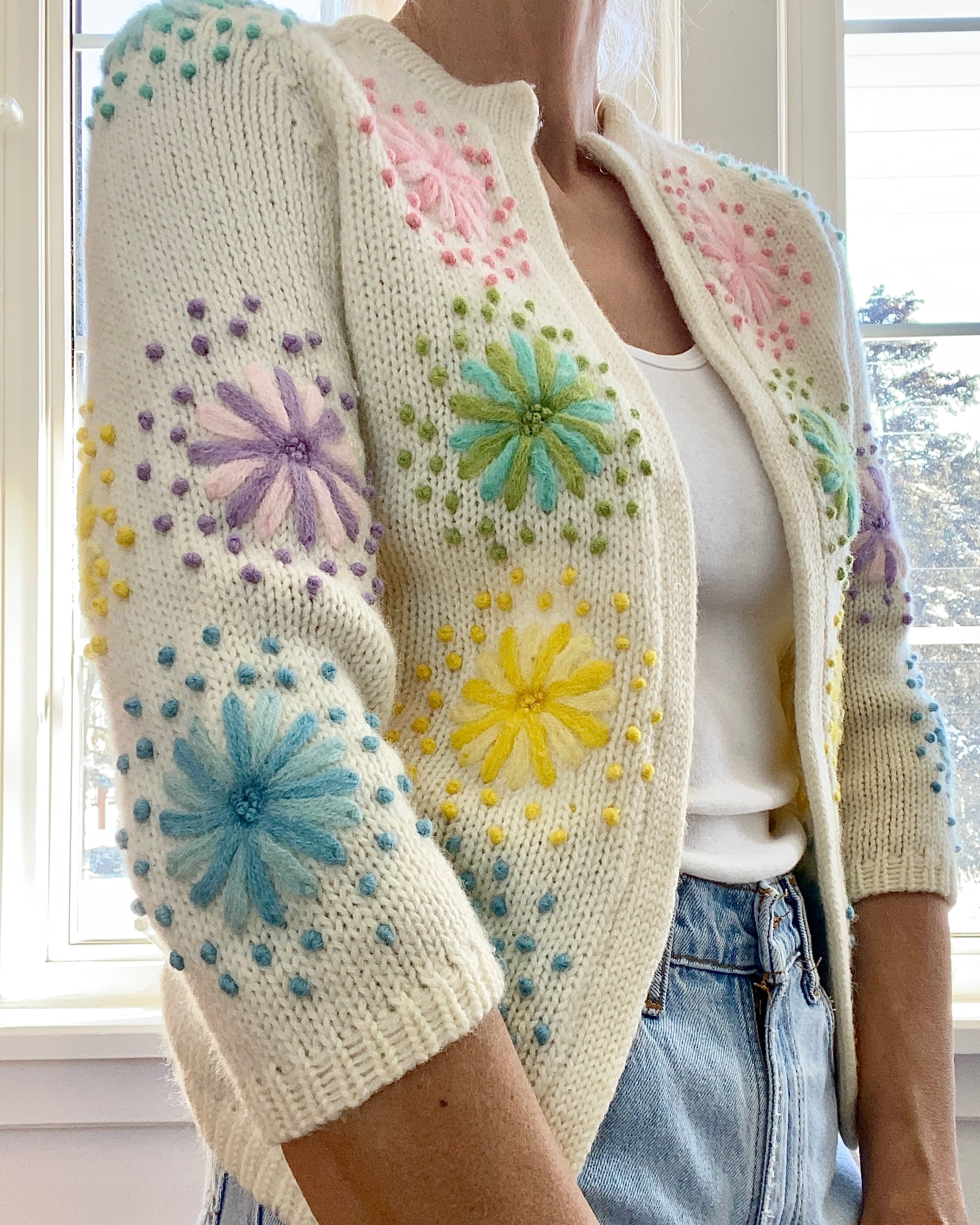 VINTAGE Pastel Flower Embroidered Wool Cardigan
