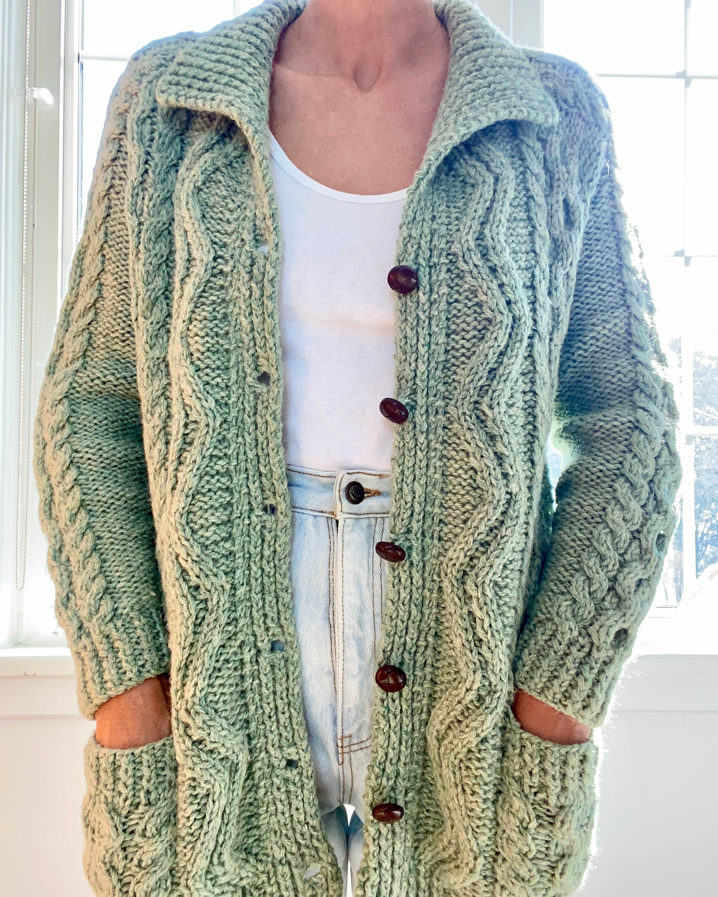 VINTAGE Sage Green Cable Wool Cardigan with Collar