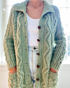 VINTAGE Sage Green Cable Wool Cardigan with Collar