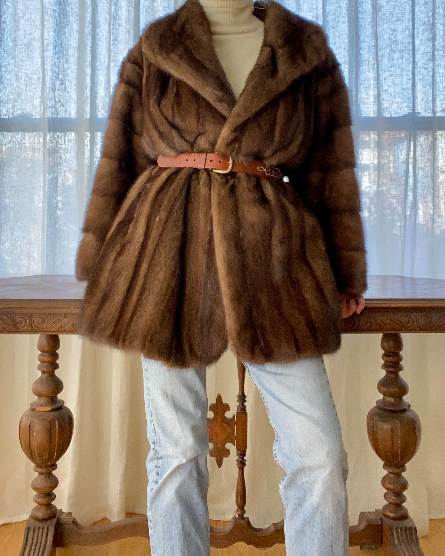 Vintage Christian Dior Shawl Collar Brown Mink Coat Jacket L XL