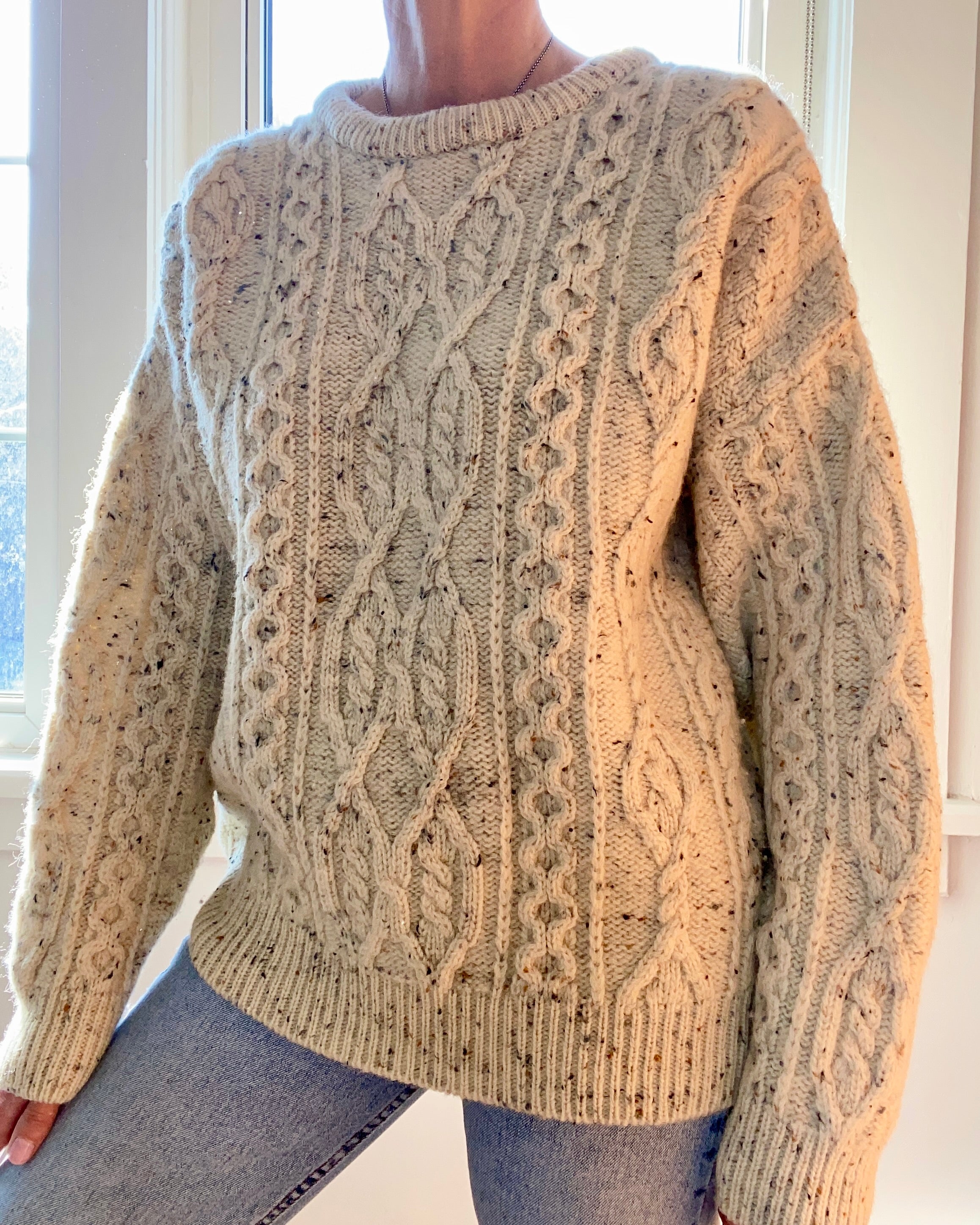 Vintage Handknit ARAN KNITS Oatmeal Fisherman Cable Sweater Made in Ireland M L XL