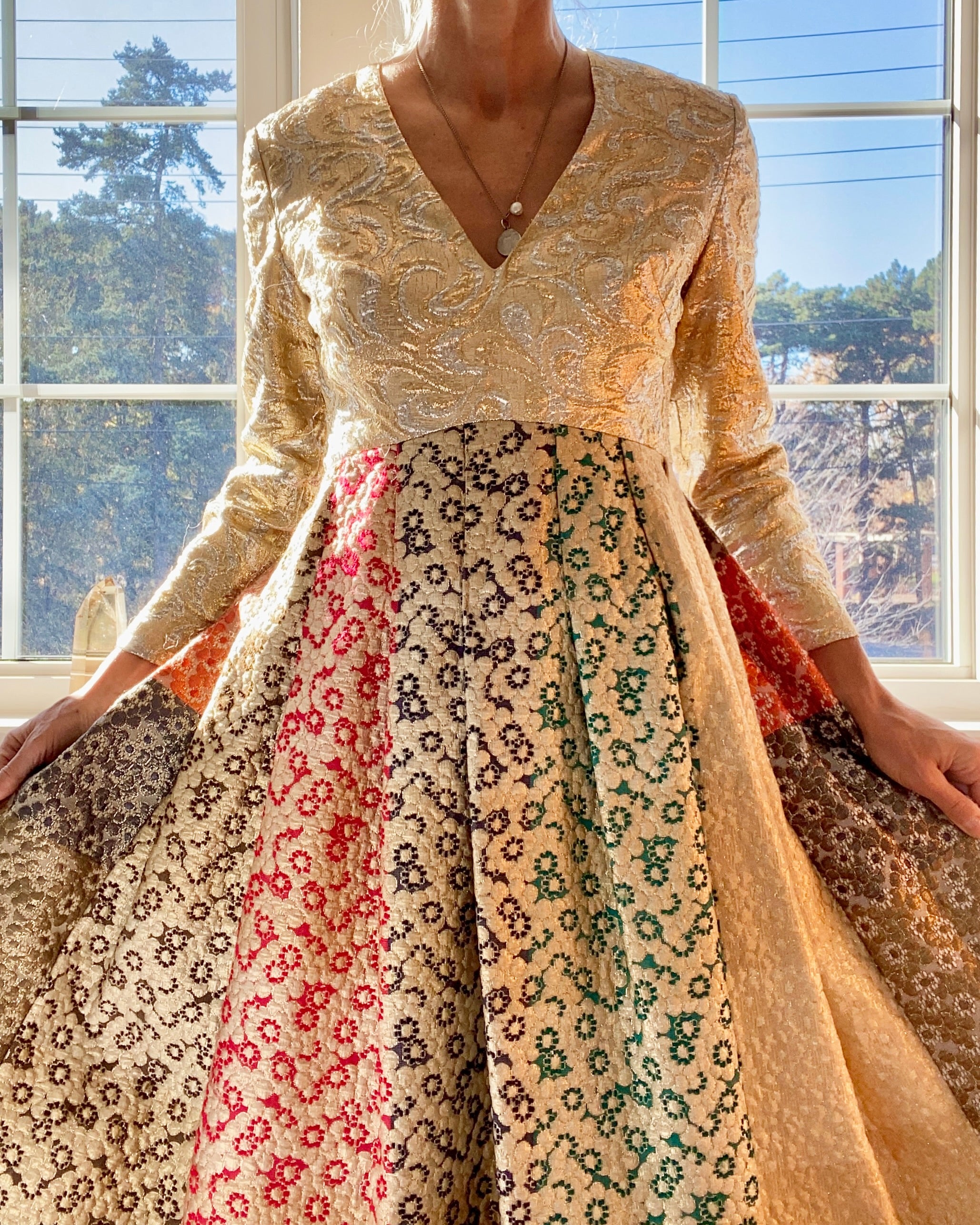VINTAGE 1960s Morton Myles for Malcolm Charles Gold Floral Brocade Gown Dress 8 M