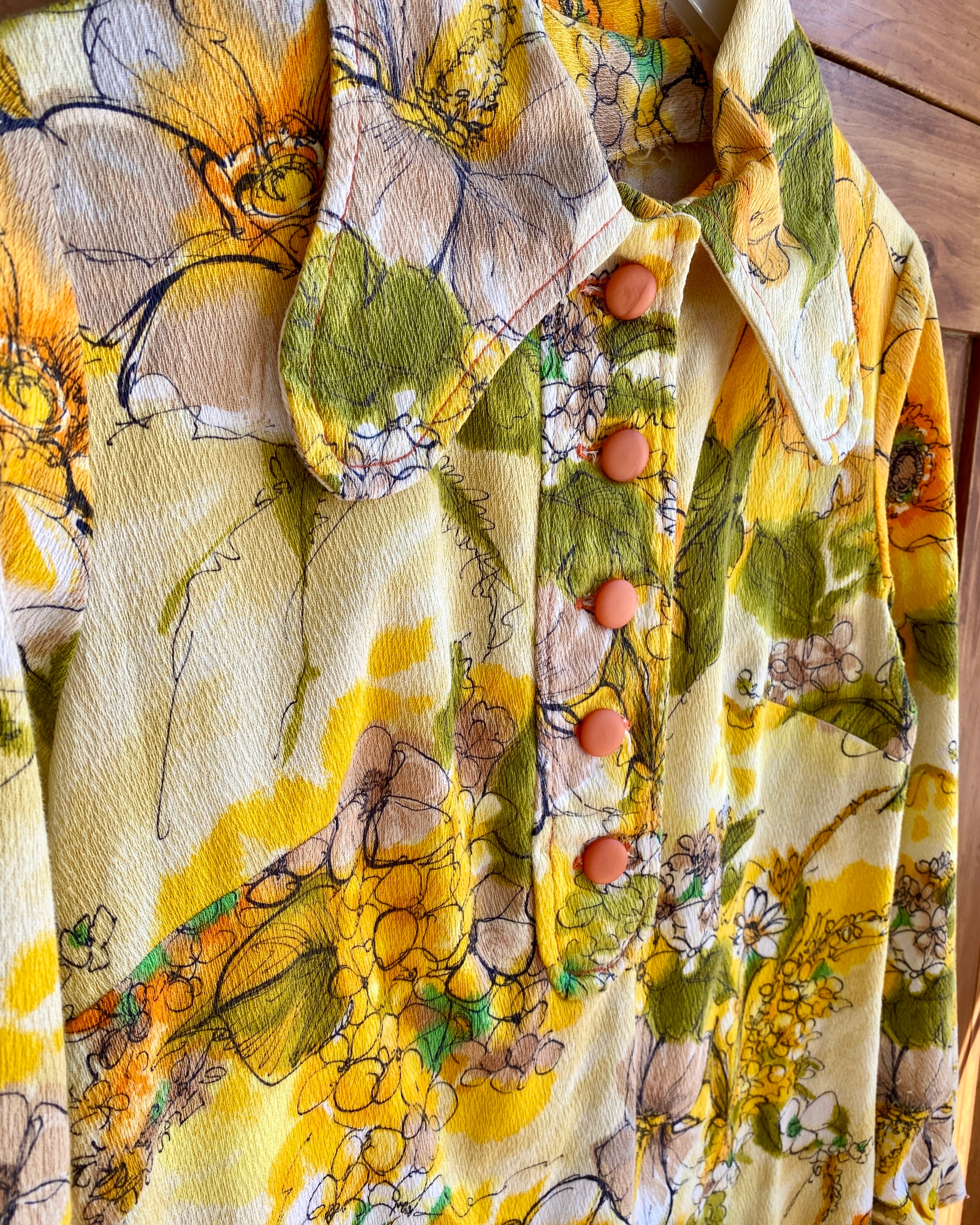 Vintage 1960s Cotton Crepe Yellow Floral Mini Shirt Dress S