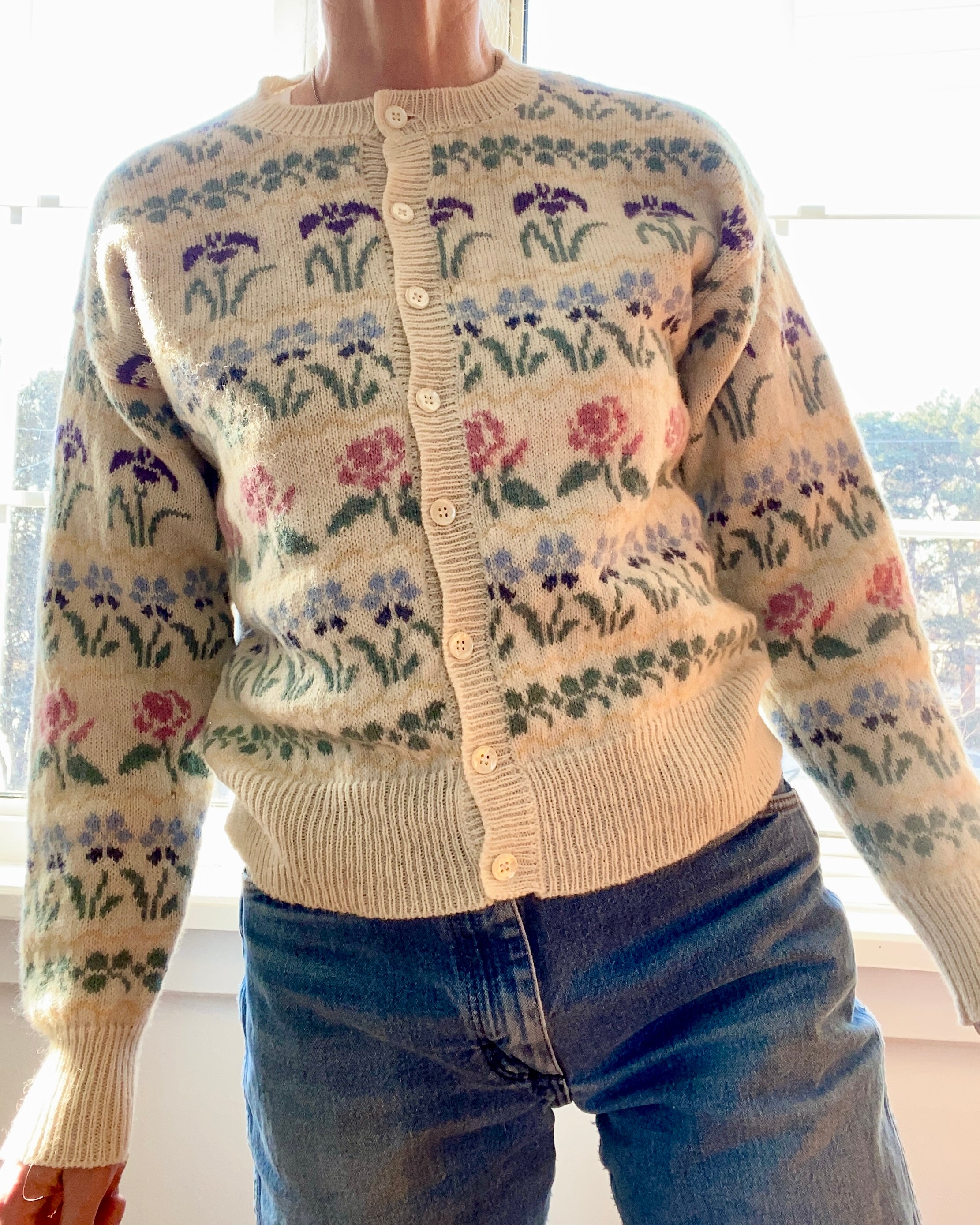 VINTAGE LLBEAN Floral Wool Cardigan Sweater M