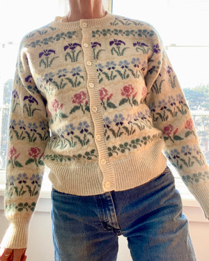 VINTAGE LLBEAN Floral Wool Cardigan Sweater M