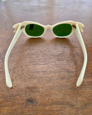 Vintage 1950s Italian Bone Color Lucite with Rhinestones Cat Eye Sunglasses Deadstock with Tags