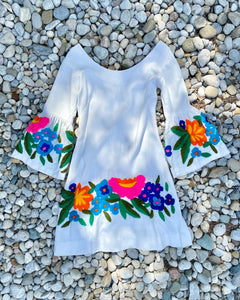 Vintage Mexican Embroidered Linen Bell Sleeve Dress