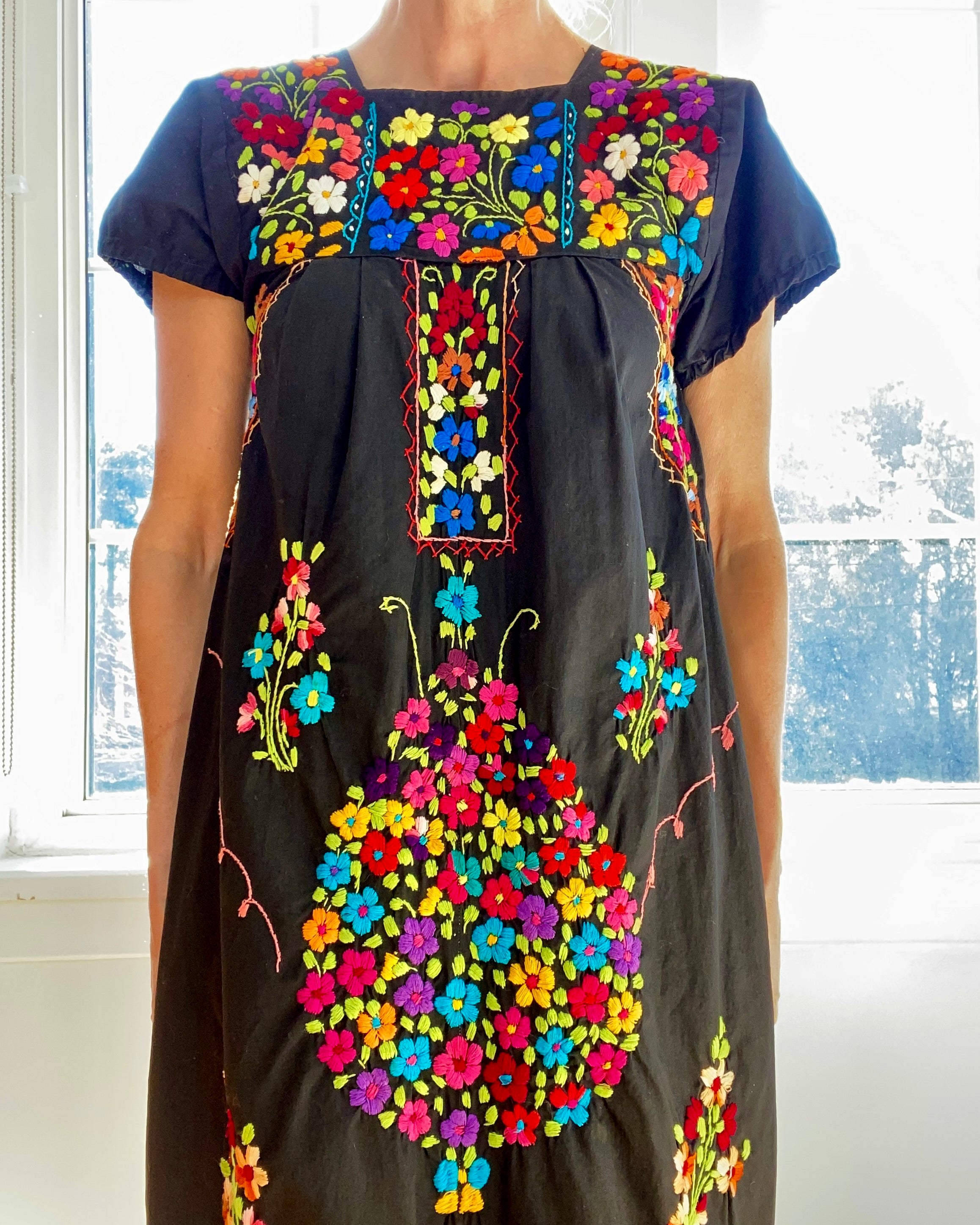 Vintage Mexican Embroidered Black Dress