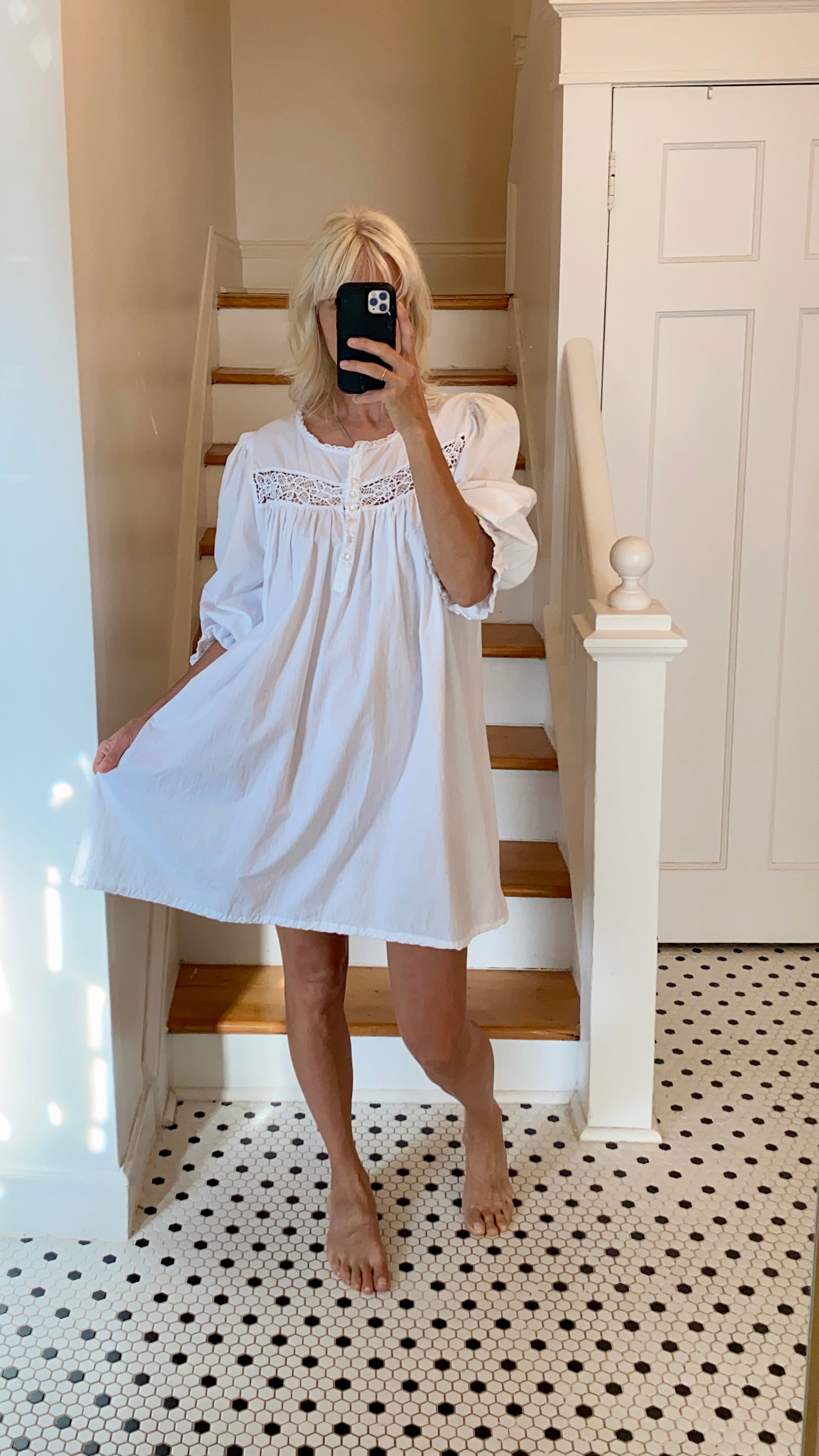 VINTAGE White Cotton Nighty Dress with Puff Sleeves