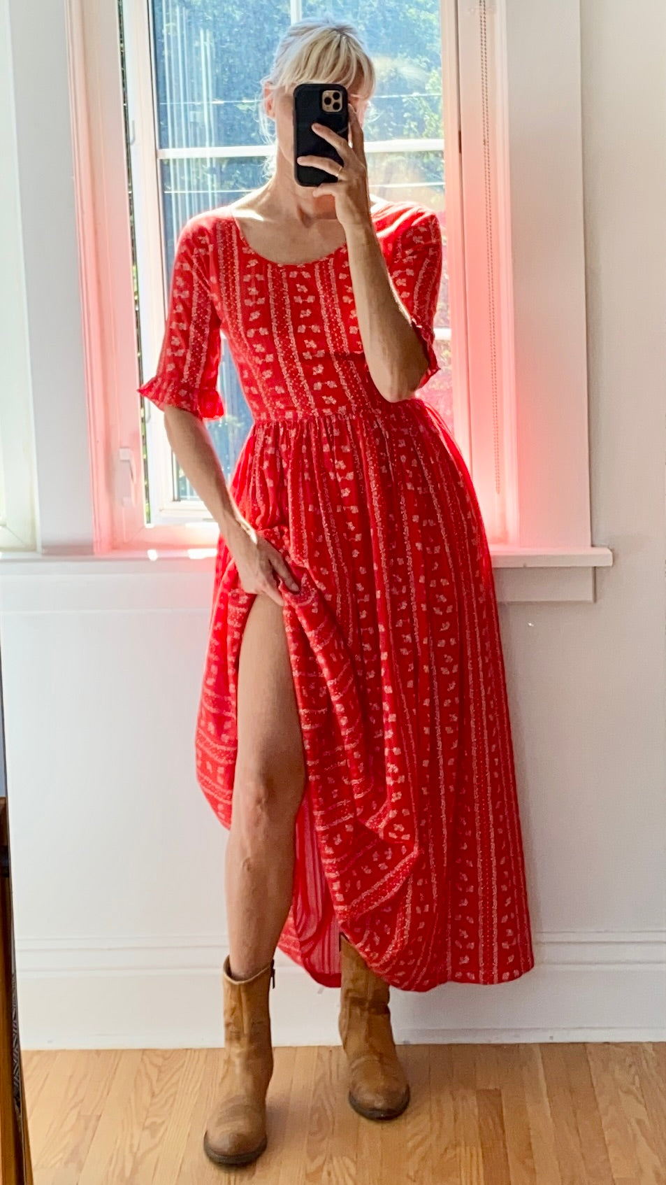 VINTAGE 1970s Red Bandana Print Prairie Dress