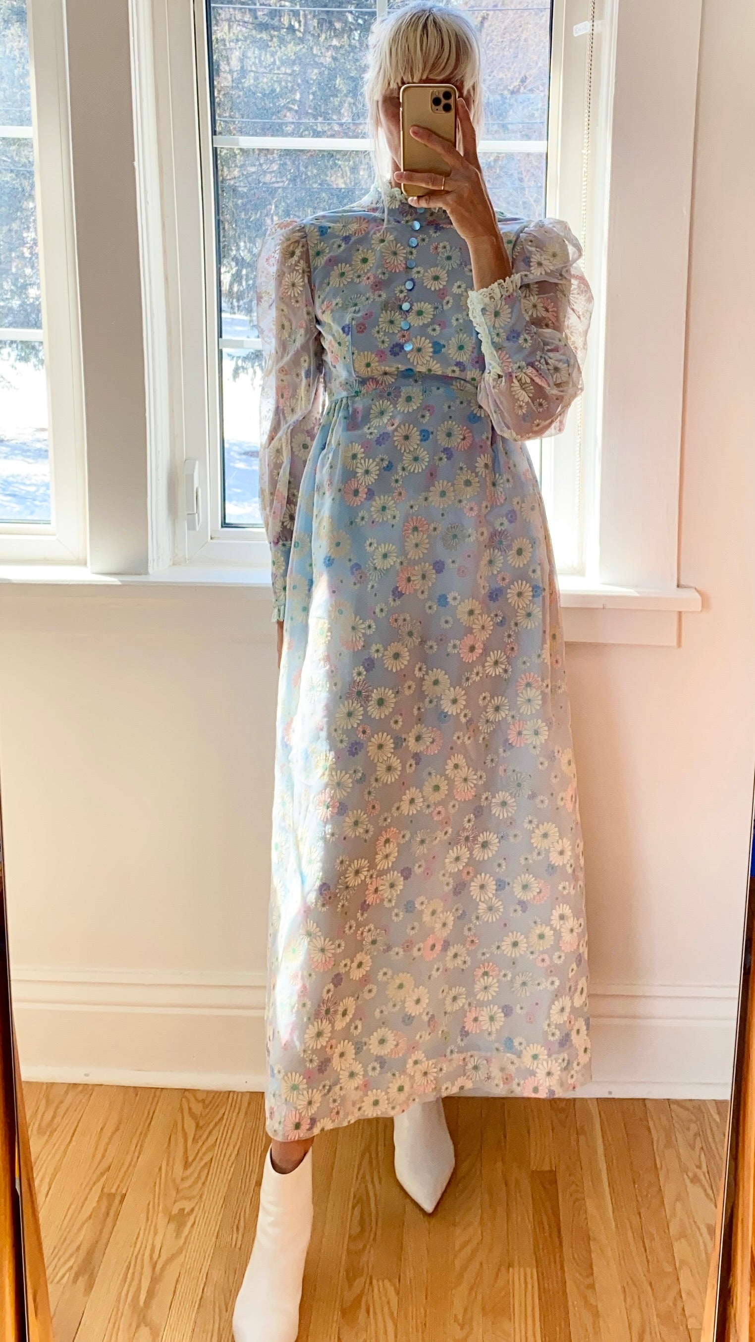 Vintage 1960s Floral Organza Prairie Victorian Inspired Dress XS or S
