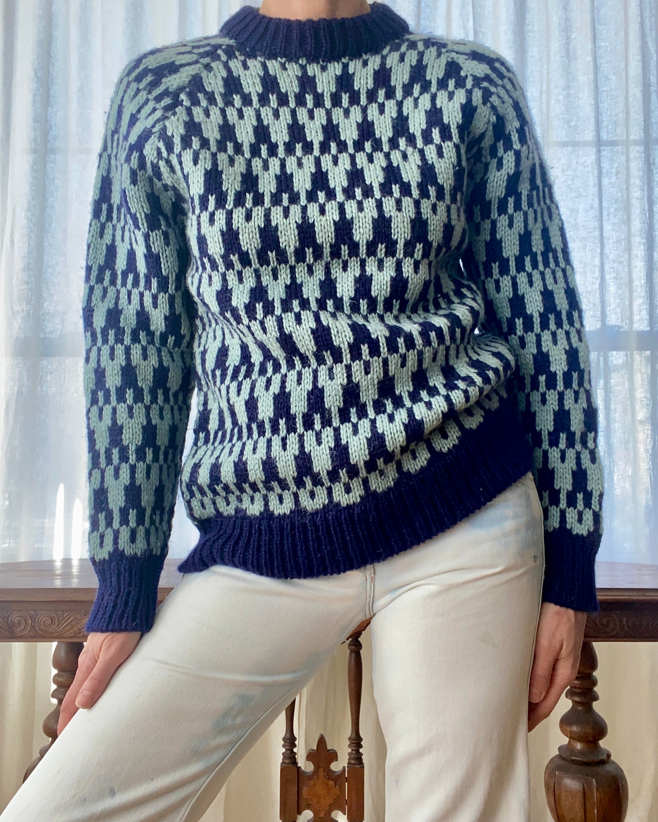 Vintage Blue Houndstooth Irish Wool Sweater