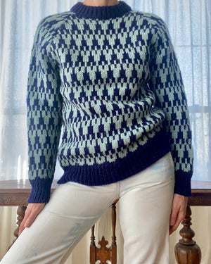 Vintage Blue Houndstooth Irish Wool Sweater