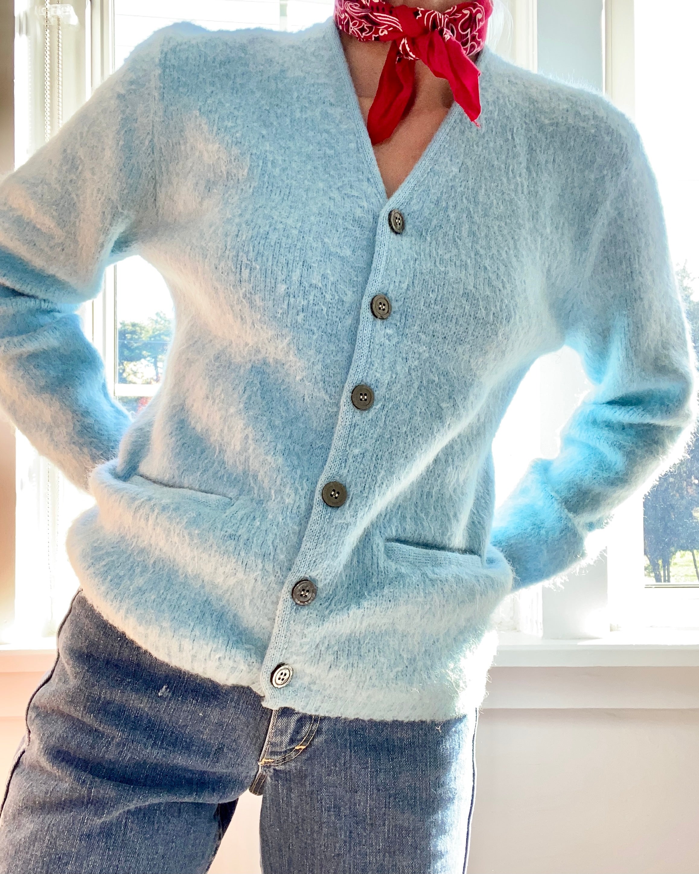 VINTAGE Light Blue Fuzzy Mohair Kurt Cobain MTV Cardigan