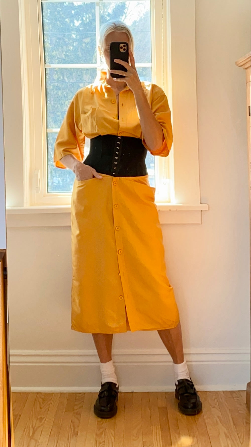 Vintage 1980s GIANFRANCO FERRE Ocre Silk Corset Shirt Dress 42 6 8