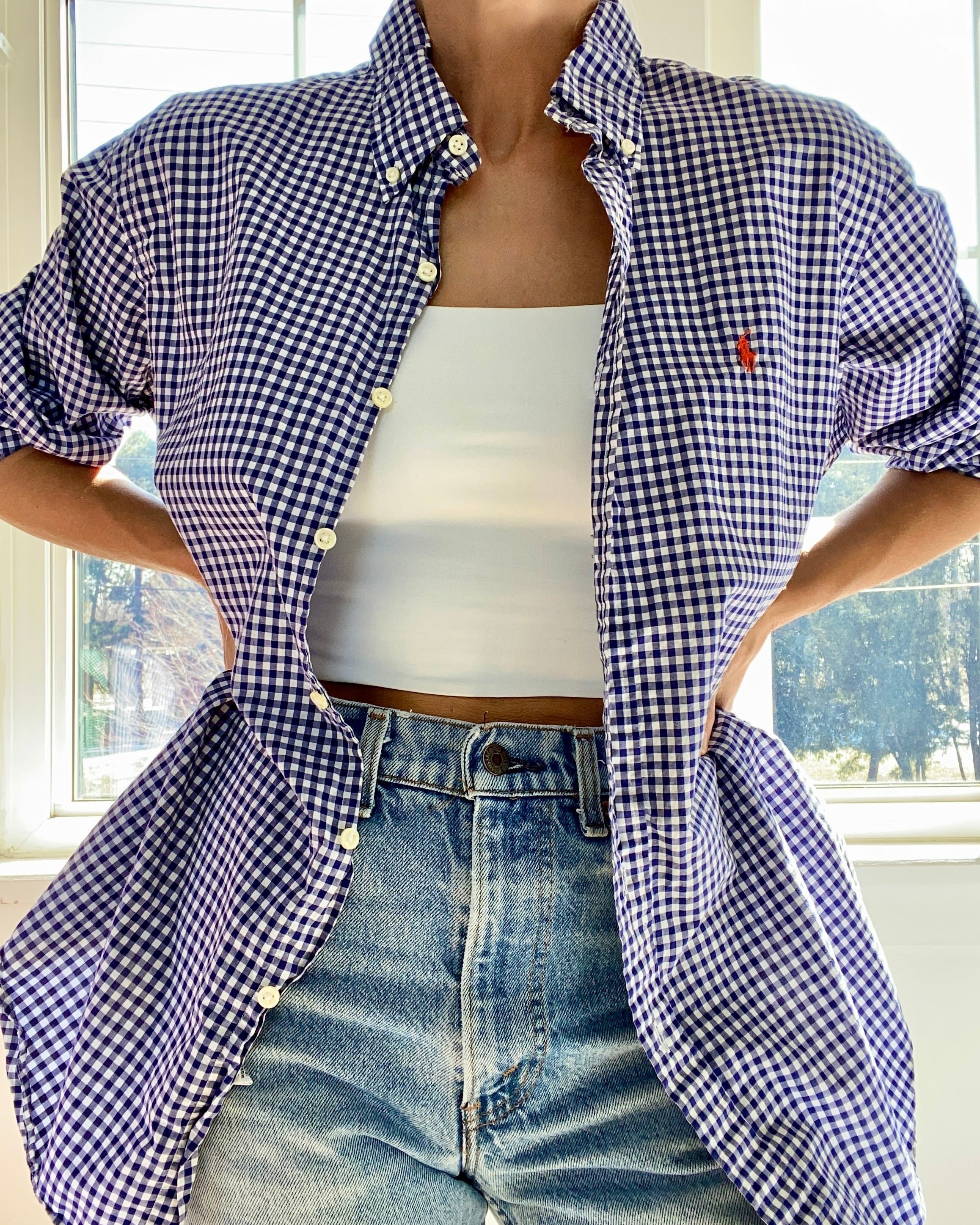 Vintage Ralph Lauren Mens Blue Gingham Button Down Shirt