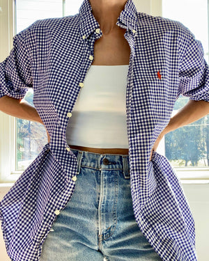 Vintage Ralph Lauren Mens Blue Gingham Button Down Shirt