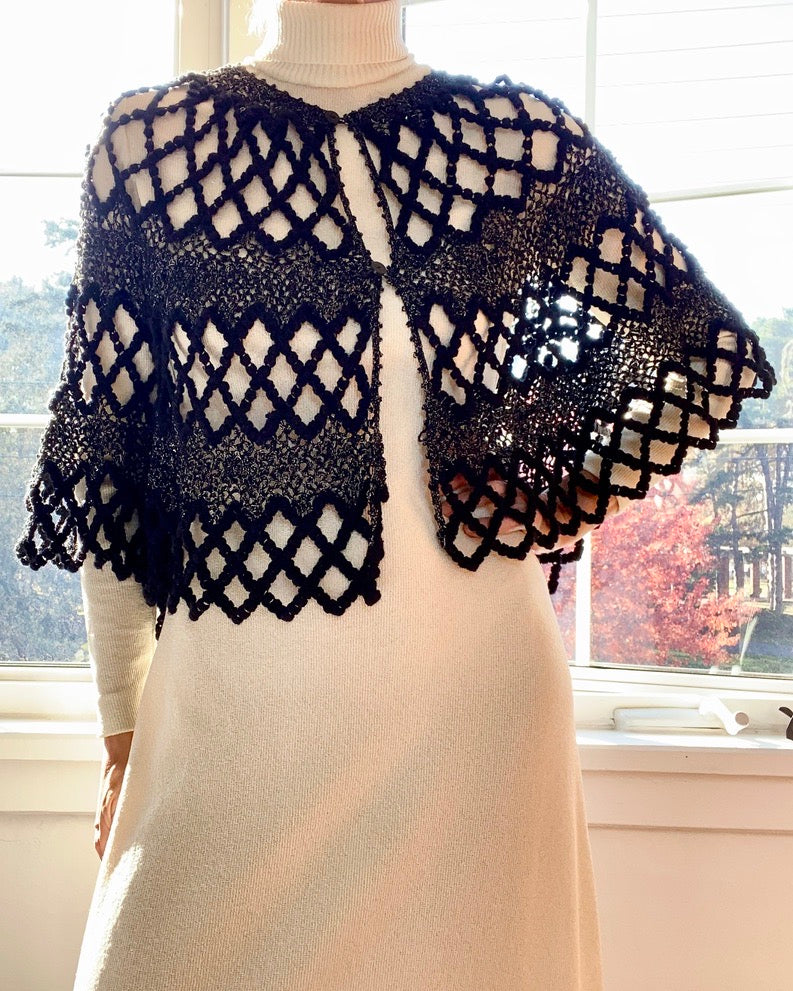 VINTAGE Black and Silver Lurex Mesh Crochet Poncho Shawl
