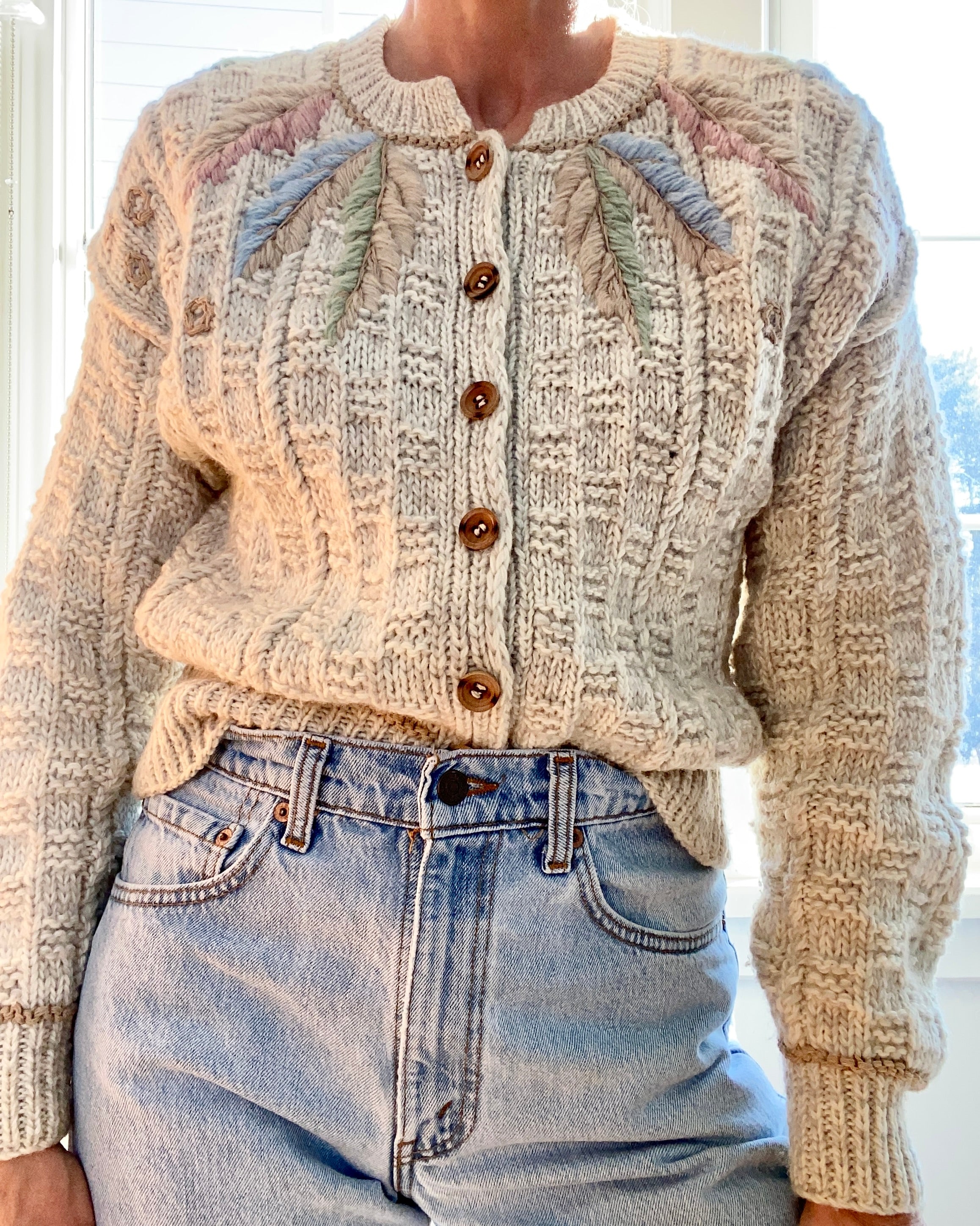 VINTAGE Embroidered Oatmeal Basket Weave Wool Cardigan