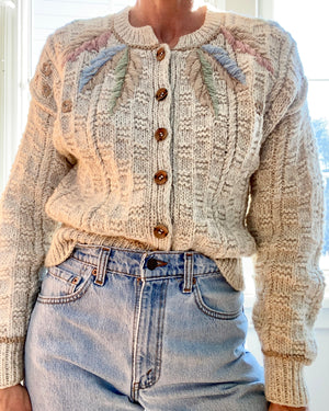 VINTAGE Embroidered Oatmeal Basket Weave Wool Cardigan