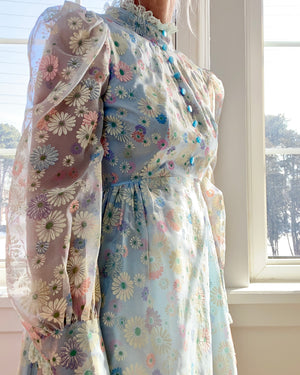 Vintage 1960s Floral Organza Prairie Victorian Inspired Dress XS or S