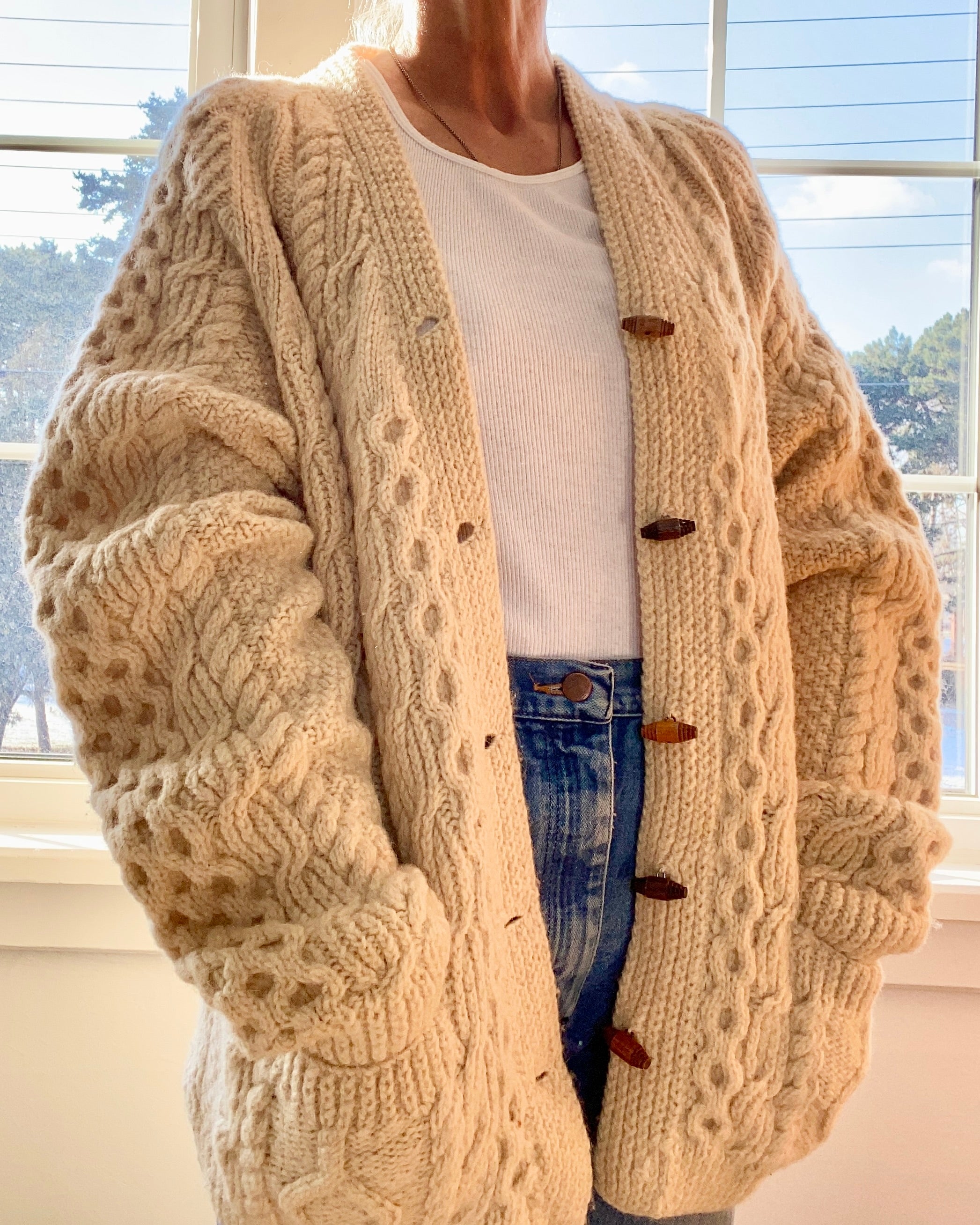 VINTAGE Handknit Irish Fisherman Cable Wool Cardigan