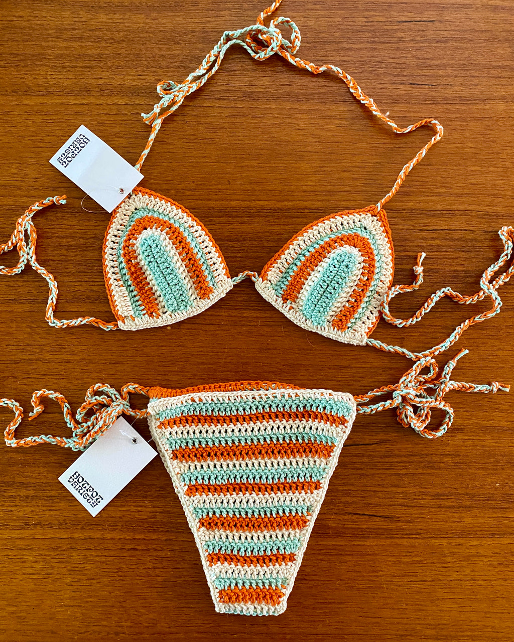 HOT POT VARIETY Aqua/Coral Stripe Crochet Bikini SET