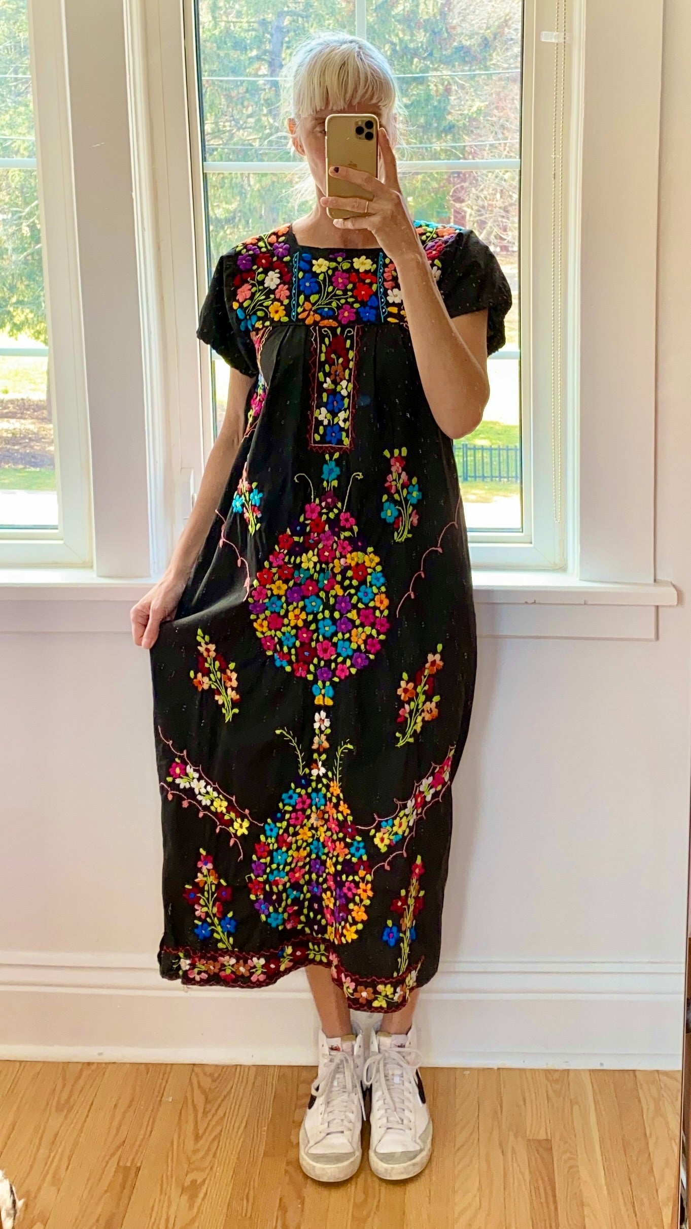 Vintage Mexican Embroidered Black Dress