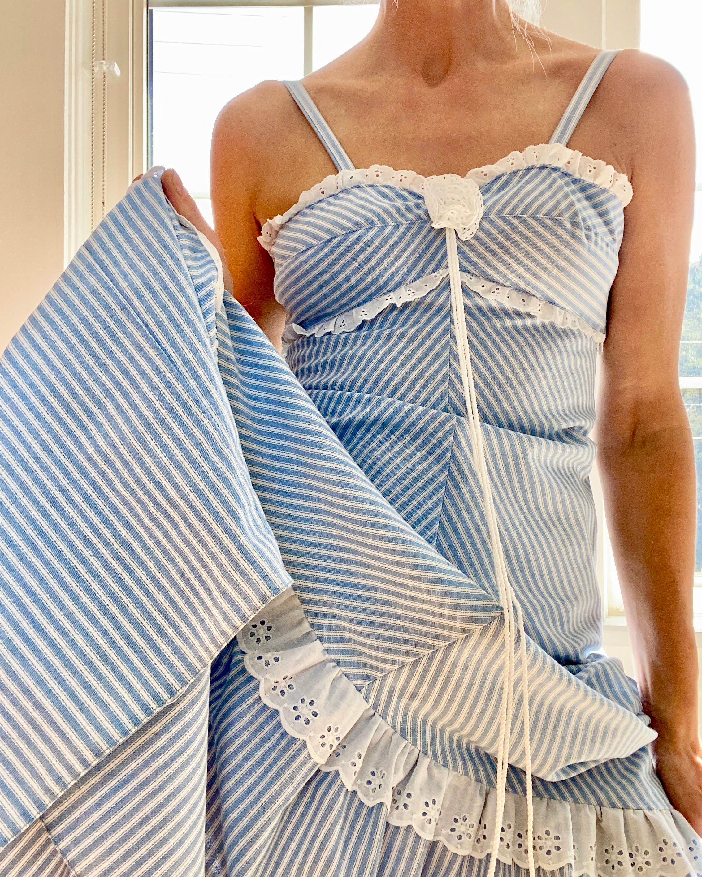 Vintage 1970s Jody T of California Blue Stripe Maxi Dress Size 2/4
