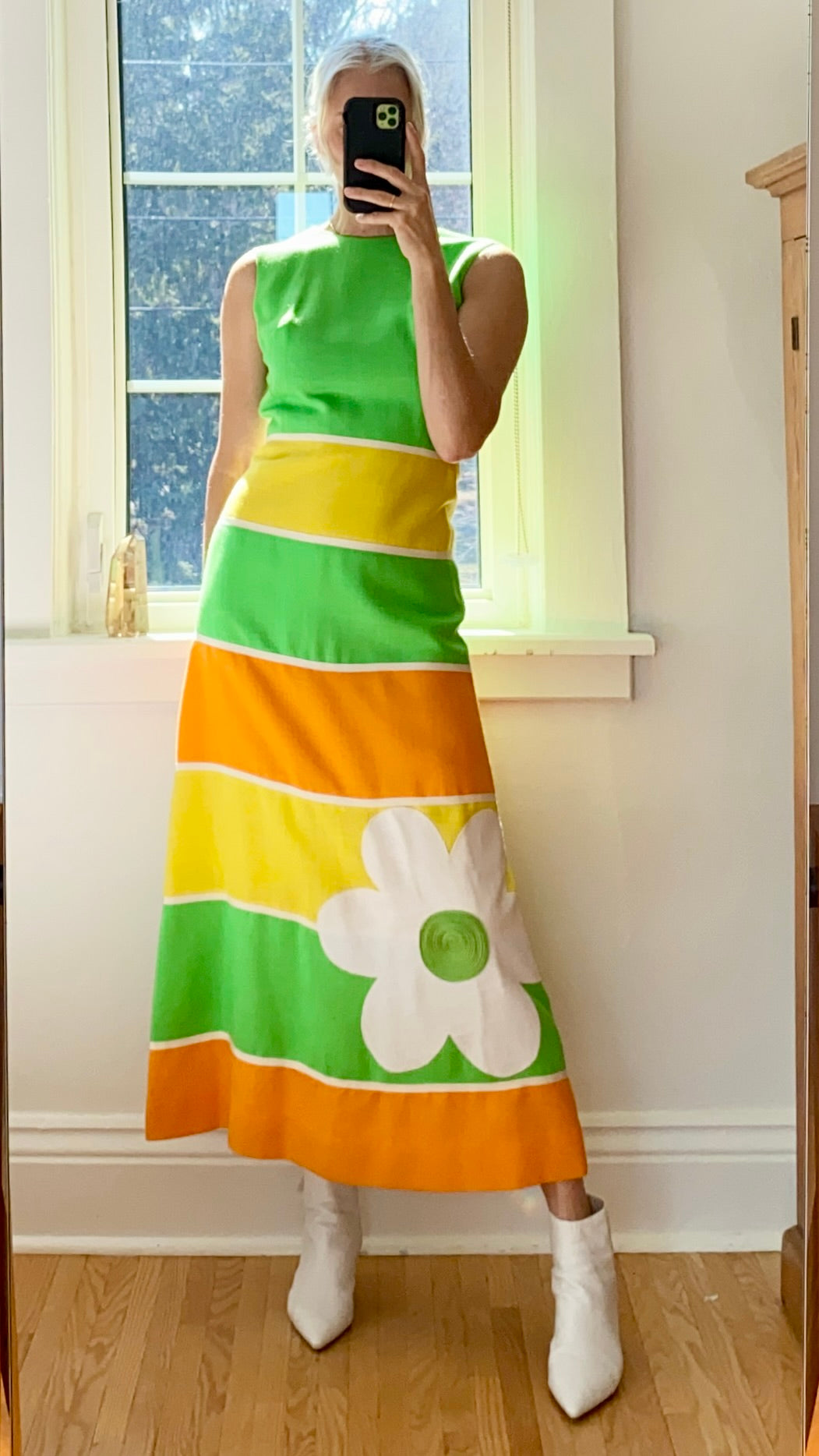 VINTAGE 1960s DAYMOR Couture Green Yellow and Orange Stripe With Flower Maxi Dress S