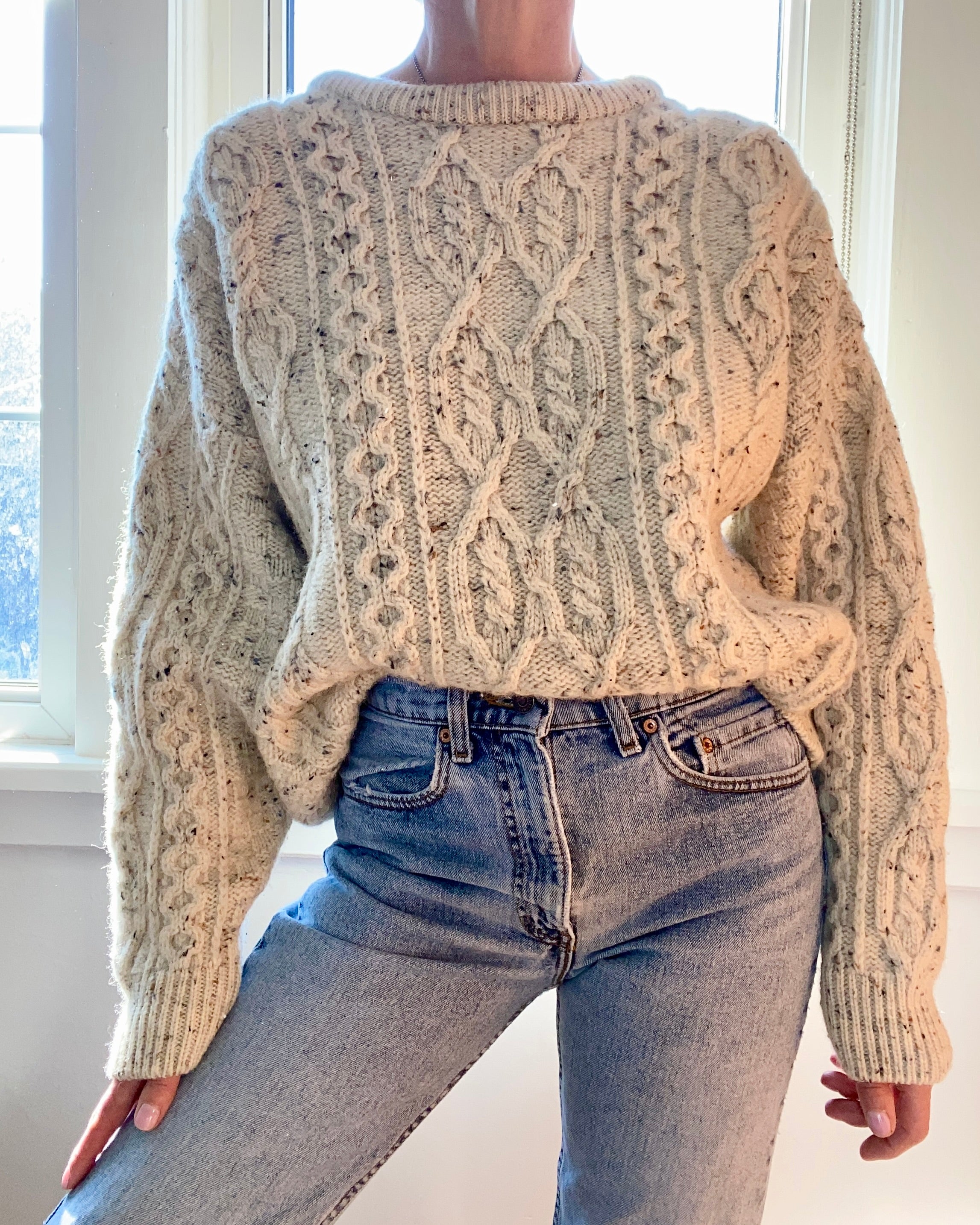 Vintage Handknit ARAN KNITS Oatmeal Fisherman Cable Sweater Made in Ireland M L XL