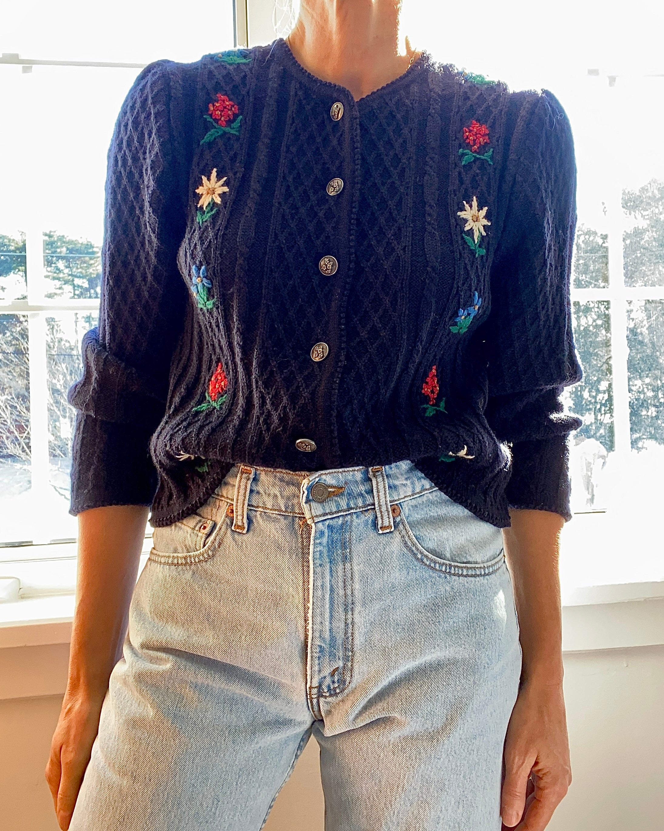 Vintage Tyrolean Folk Handknit Embroidered Wool Cardigan