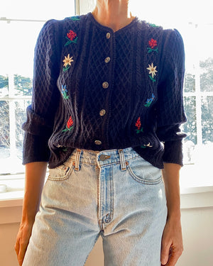 Vintage Tyrolean Folk Handknit Embroidered Wool Cardigan