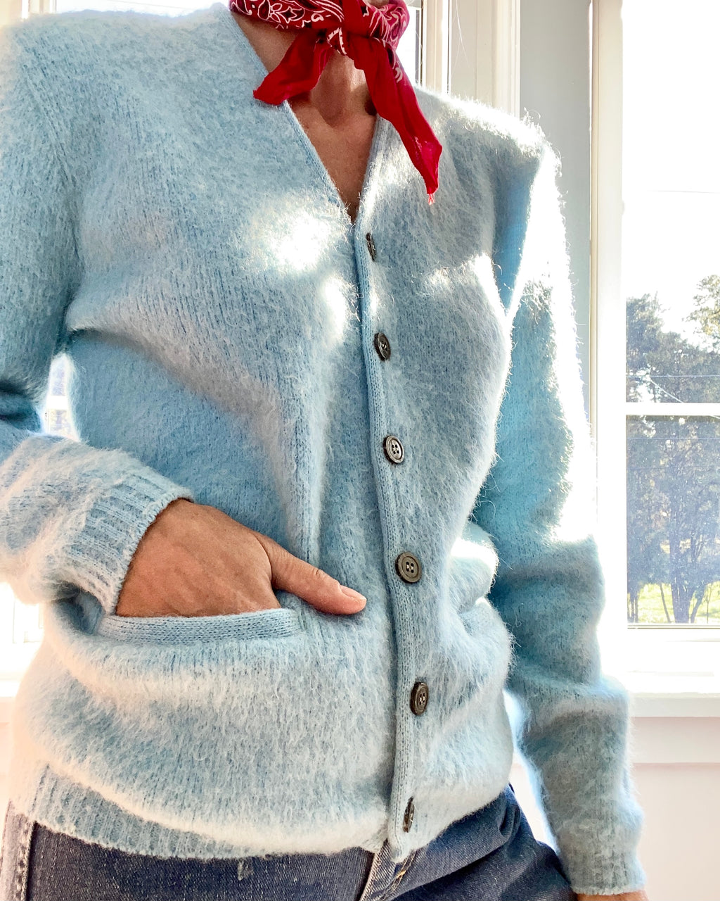 VINTAGE Light Blue Fuzzy Mohair Kurt Cobain MTV Cardigan