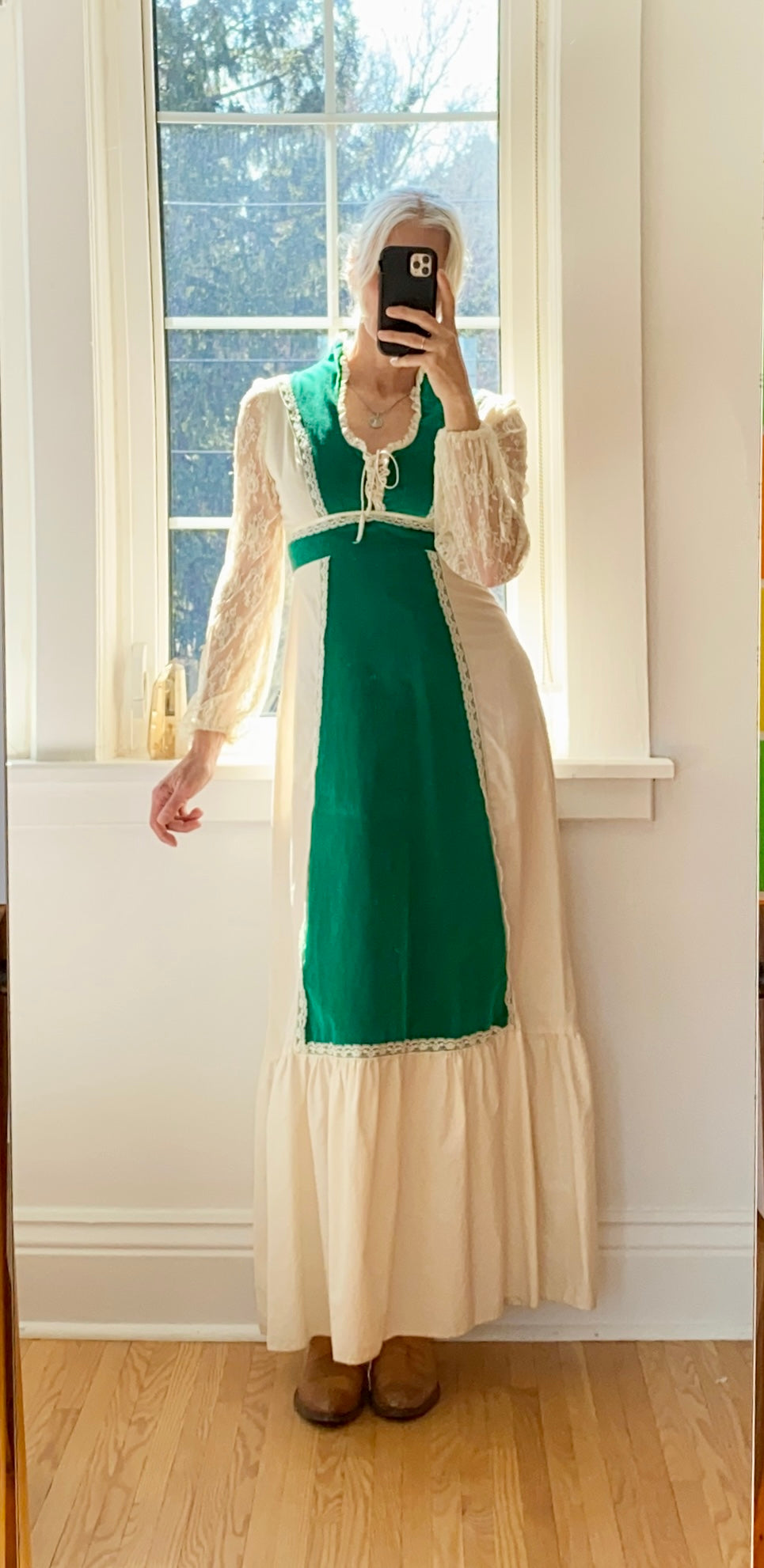 VINTAGE 1970s Cream and Green Cotton Velvet Lace Prairie Gunne style Maxi Dress